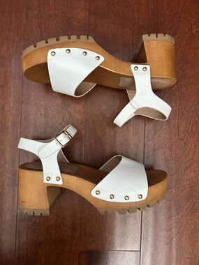 Call It Spring White Vegan Leather Platform Clog Sandals with Studs, Size 8.5